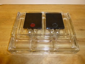 Double Inkwell Desk Set Depression Era Glass Bakelite Covers D