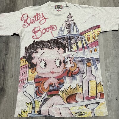 VTG Betty Boop Pastel Martini All Over Print 90s Paris Fountain Art T Shirt RARE | eBay