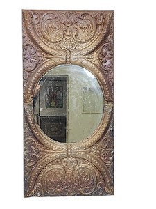 LARGE ANTIQUE TIN CEILING DECORATION PANEL SALVAGED TO MIRROR ~ 23.5"x48"