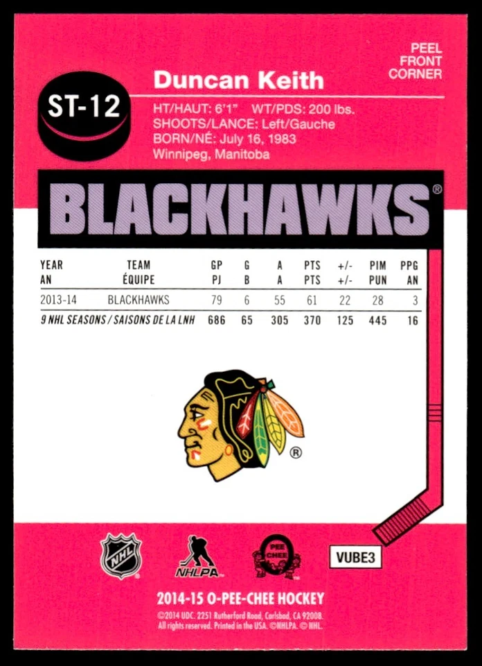 2014-15 O-Pee-Chee Stickers Duncan Keith Chicago Blackhawks #ST-12 - Image 2 of 2