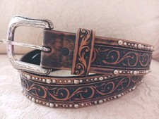 Tony Lama Sz 34 Western Brown Tooled Leather Belt w Silver Studs Etched Buckle