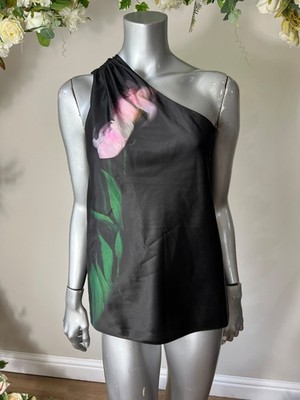 Ted Baker Top Damen TB 2 UK 10 Schwarz Satin Blumenmuster One Shoulder NEU
