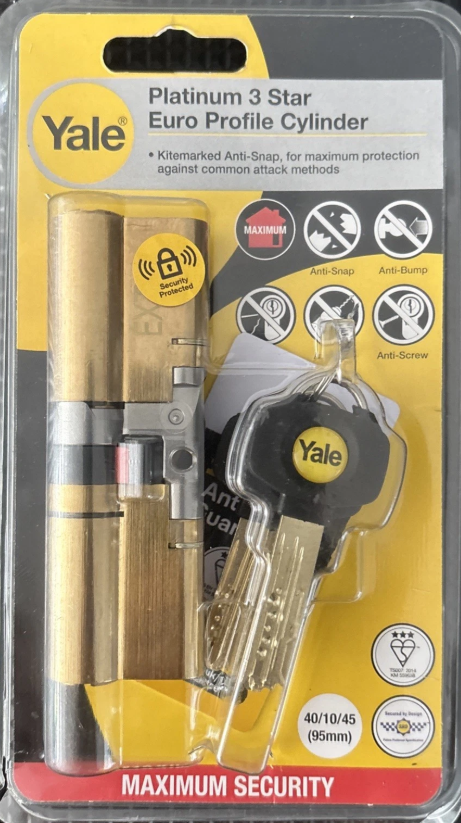 Yale Platinum 3 Star Euro Cylinder Lock 45/50 Nickel, High Security Anti-Snap ke