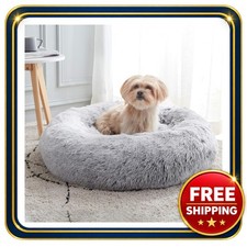 Dog and Cat Calming Bed 24 Inch Light Grey Faux Fur Washable
