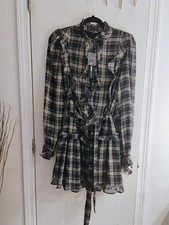 Fashion Nova Plaid Mini Dress Black Beige Long Sleeve Ruffle Belted Chiffon L