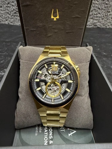 Bulova Maquina 98A178 46mm Gold-Toned Stainless Steel Automatic Skeleton Watch - product listing photo