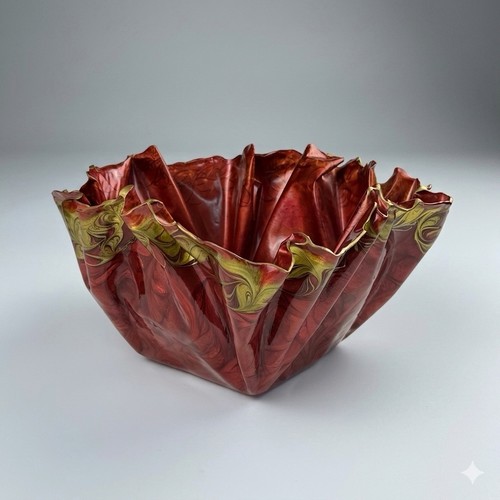 Brooke Johnson Signed Sculpted Pearlescent 14” Resin Bowl Red Gold Modern Art