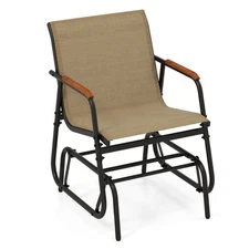 Patio Glider Chair w/ Curved Teak Armrests & Breathable Fabric Seat Outdoor