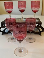 Set of 6 Beautiful Antique Cut and Engraved Cranberry Port Glasses.c1900 Perfect