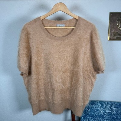 J.Crew XXL Cashmere Short Sleeve Fuzzy Sweater Camel Tan Scoop Neck Knit Top