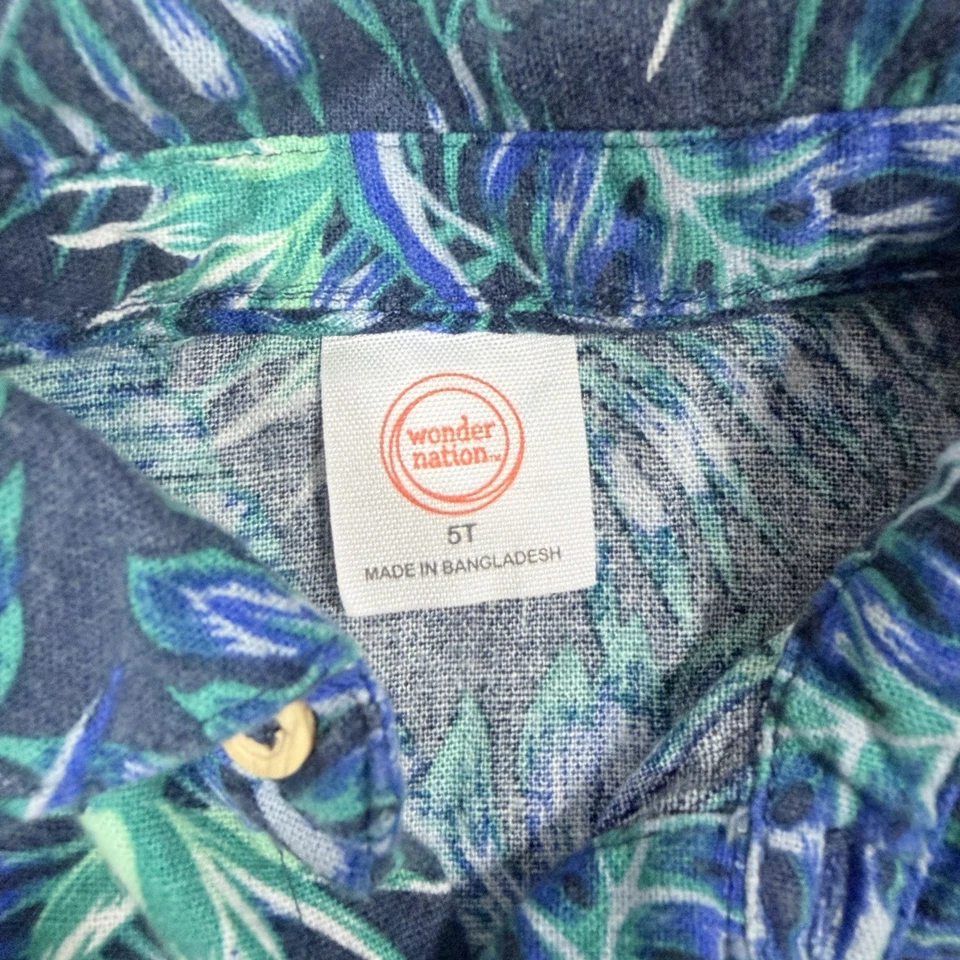 Wonder Nation Tropical Hawaiian Shirt Fits Boy Toddler's Size 4T Blue/Green Palm - Image 2 of 4