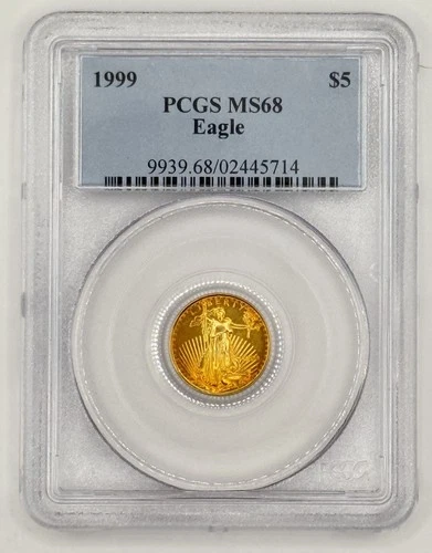 1999 $5 American Gold Eagle 1/10 Oz Gold MS68 PCGS Blue Label Gold Toned
