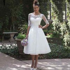 Short Sheer Back Wedding Dress Knee Length Half Sleeve Lace Applique Bridal Gown