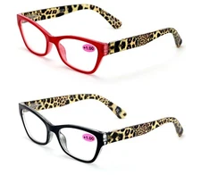 2 Pairs of Stylish Rectangle Cateye Reader, Women Leopard Temple Reading glasses
