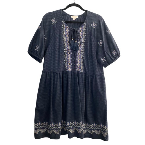 KNOX ROSE Women Mini Babydoll Dress Sz XXL Blue Embroidered Boho Casual 92-3 - Picture 1 of 8