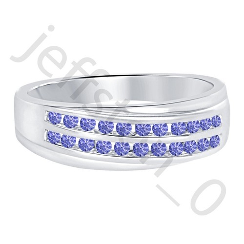 0.90 Ctw Lab Created Tanzanite 14K White Gold Over Two Rows Band Men's Ring - Picture 2 of 5