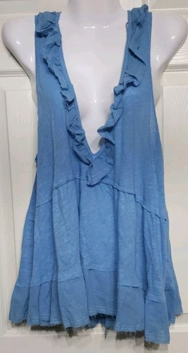 Free People Out and About Ruffled Tank Top Sz MED. Blue Linen Blend Deep V-Neck