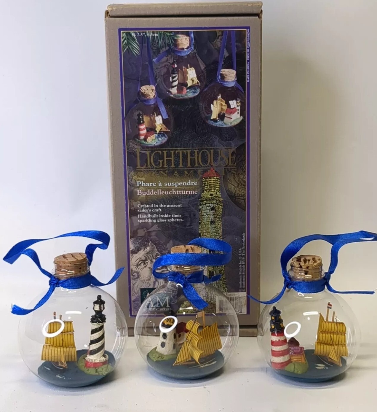 Authentic Models Lighthouse In A Bottle Christmas Ornaments Set Of 3 Cape...