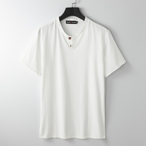 Men's Stand-up Collar Short Sleeve Cotton Hemp Summer T-shirt Loose Linen V-neck - Picture 7 of 10