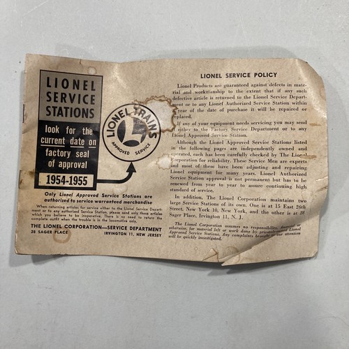 Lionel Approved Service Stations 1954 - 1955