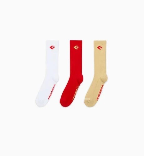 Men Converse 3-Pack Star Chevron Crew Socks Size 6 - 12 White Red Tan - Picture 1 of 18