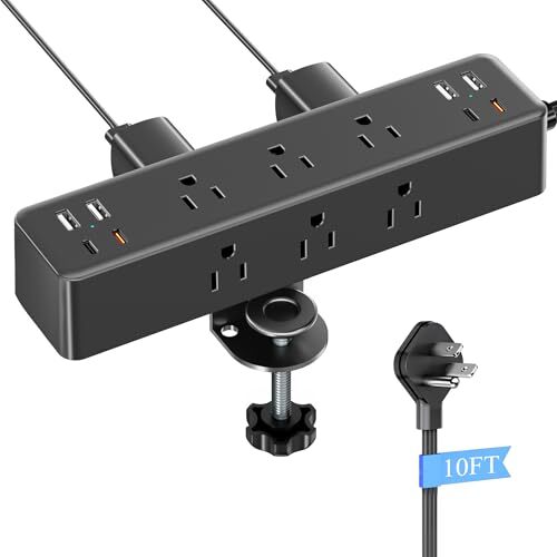 17-in-1 Desk Clamp Power Strip with 40W Fast Charging Station 10ft Flat Plug ...