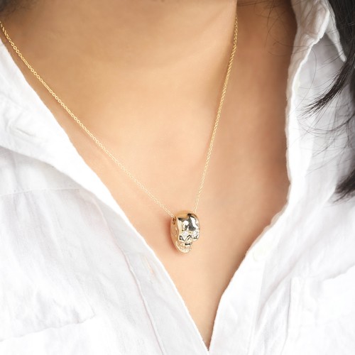 14K Gold 0.15 CT VS/F-G Diamond Skull Pendant Necklace Halloween Gift - Picture 3 of 8