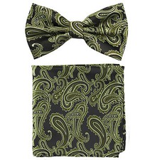New men's pre-tied bow tie hankie set paisley micro fiber black olive wedding