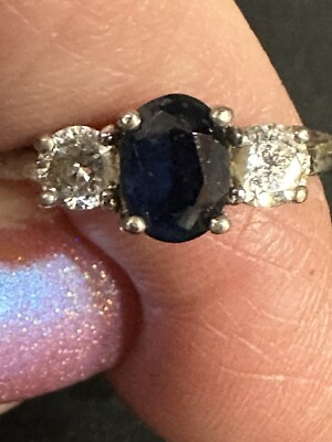 Ring 3 Stone 925 Sterling Silver Blue And Clear CZ  s Size 7.75