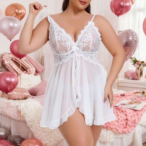Lace Plus SIze Women Floral V-Neck Lingerie Babydoll Nightdress Thong Sleepwear - Picture 7 of 29