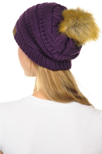C.C Hat-43 Thick Warm Cap Hat Skully Faux Fur Pom Pom Cable Knit Beanie - Picture 47 of 166
