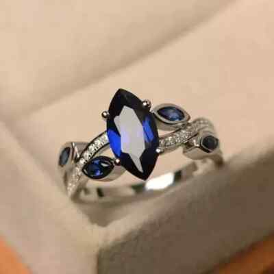 14K White Gold Plated Women's Wedding Ring Lab-Created Sapphire 2Ct Marquise Cut