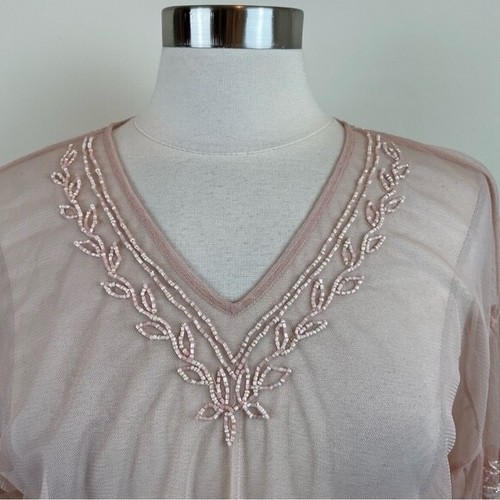 Kaari Blush Pink Beaded Mesh Sheer Boho Blouse Top Women Petite Large - Picture 5 of 7