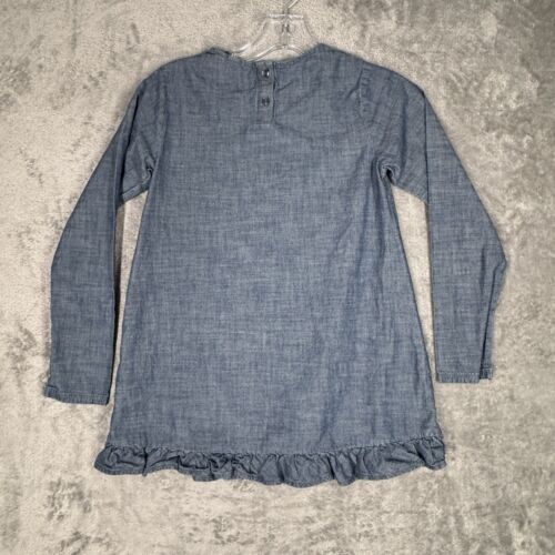 Lands End Dress Girls 8 Blue White Floral Embroidered Chambray Ruffle Shift - Picture 3 of 8