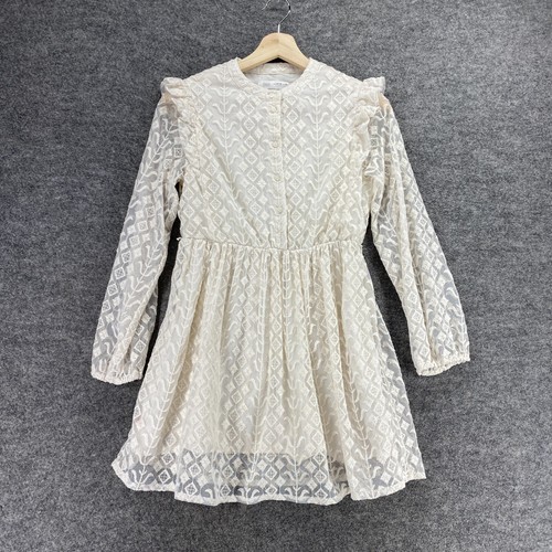 Zara Dress Girls 11-12 White Geometric Shift Short Embroidered Button Cotton