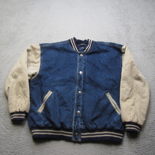Vintage Basic Edition Jacket Mens L Blue Denim Color Block Bomber Faded 80s - Picture 2 of 12