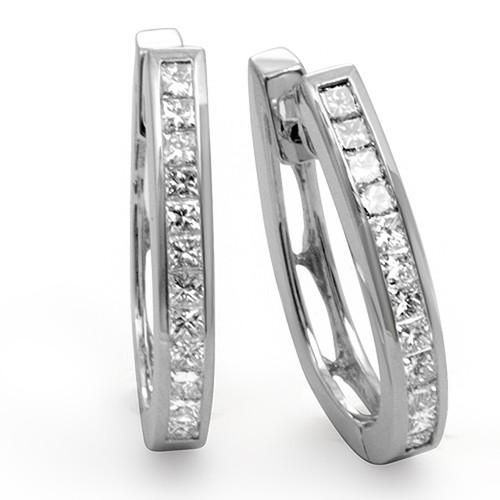 1.00CT Princess Cut Diamond F VS1 Natural Unisex Hoop Earrings 14k White Gold - Picture 1 of 2
