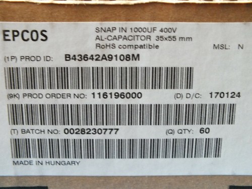 Lot of 2 pcs EPCOS B43642-A9108-M Electrolytic Capacitors In 400VDC 1000uF 20% - Picture 2 of 7