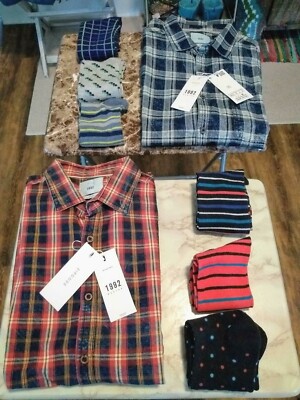 ZIP CODE 1992 Men's S/S Distressed Plaid Shirts - 2 of Them - SZ L/XL w/Socks!!!