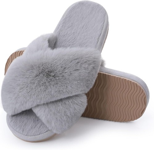 Comwarm Women's Cross Band Fuzzy Slippers Fluffy Open Toe House Slippers Cozy Pl - Picture 6 of 18