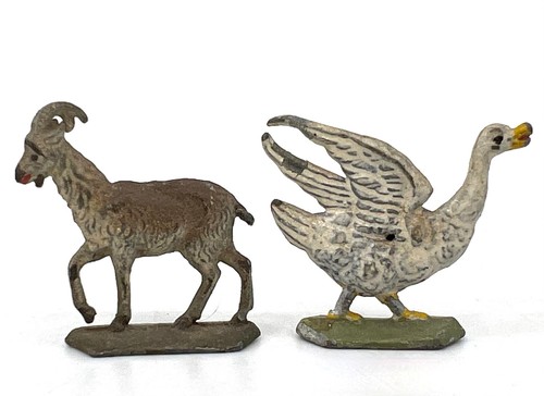 Antique 1920s 30s Flat Lead Toy Farm Animal x 2 Goat Goose Painted Germany - 第 3/10 張圖片