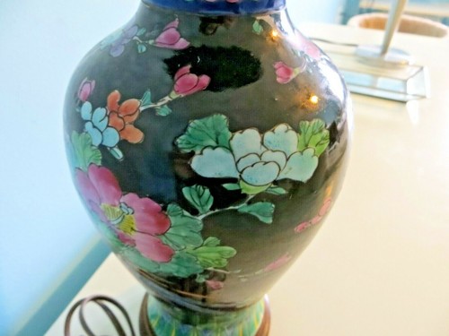 Lámpara de mesa vintage colorida sobre negra asiática pájaro del paraíso y flores florero 23" - Imagen 12 de 12