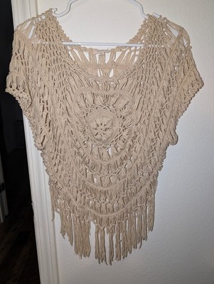 debut Beige Crochet Fringe Tunic Blouse S/M Short Sleeve Round Neck Cotton