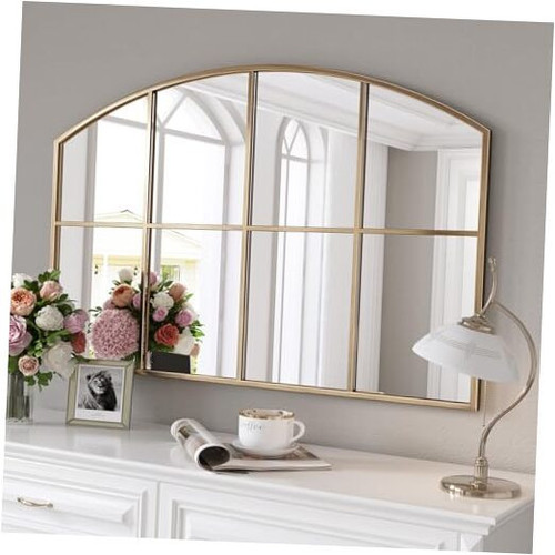 Wide Window Pane Mirror, 42" x 28" Gold Arched Mirrors for Wall, Grid Wall