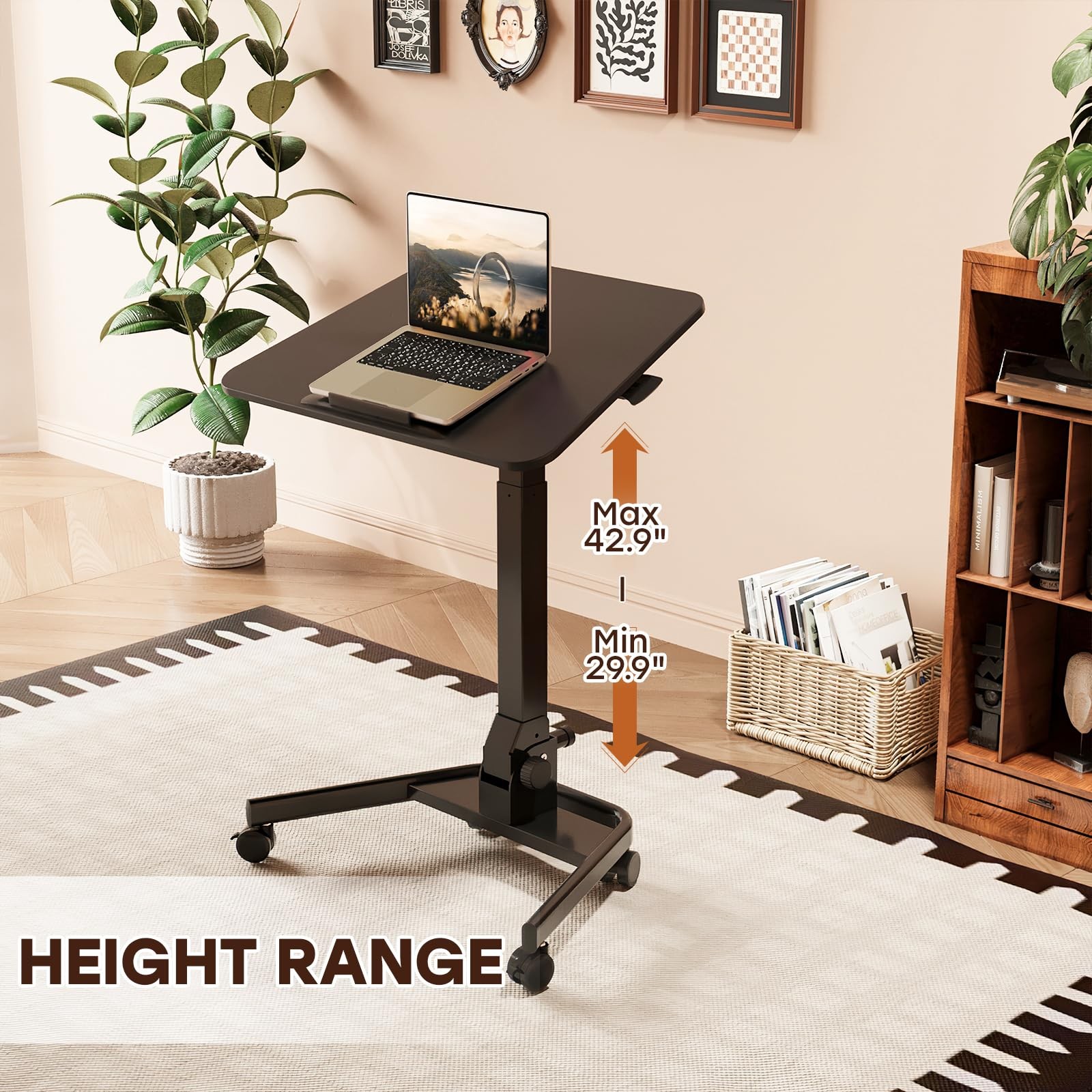 Foldable Mobile Standing Desk, Pneumatic Height Adjustable Rolling Sit Stand ...