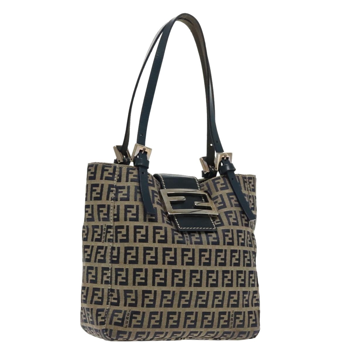 FENDI Zucchino Navy Silver Canvas Handbag Authentic 94429