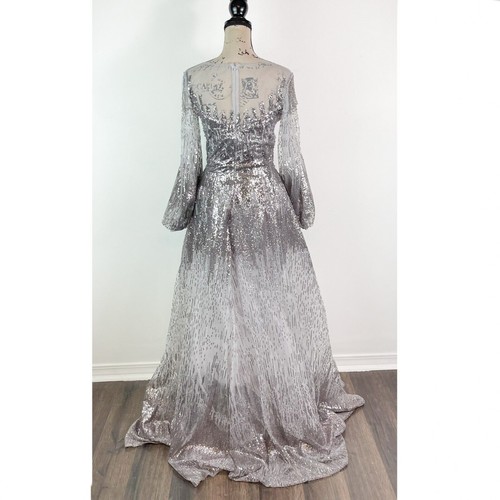 Vestido Mac Duggal Nuevo con Etiquetas Mujer Joya Ilusión Incrustada Manga Larga Línea A Plateado 4 - Imagen 6 de 8