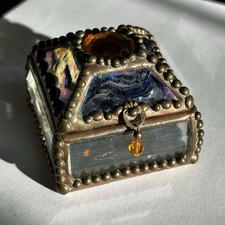 Vintage Stained Glass Beveled Mirrored Jewelry Trinket Box Hinged Lidded