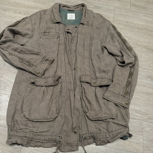 Free People Rugged Embroidered Twill Jacket FrenchOlive WomenL 100%Linen Utility - Picture 1 of 13