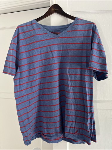 Nautica T-Shirt Herren Gr. XL dunkelblau grün gestreift 100% Baumwolle V-Ausschnitt